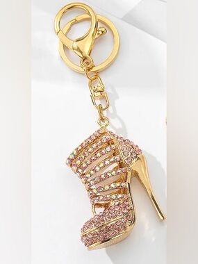 European Pendant Diamond Studded Hollow High Heels Keychain Glitter PINK NEW